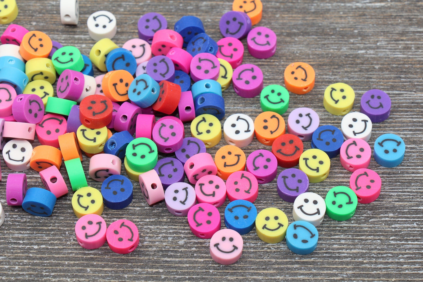 Smiley Face Polymer Clay Beads, Multicolored Happy Face Emoji Fimo Cane Beads, Assorted Smiley Face Beads, Rainbow Happy Face Slice Beads