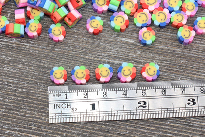 Smiley Face Polymer Clay Beads, Flower Shape Smiley Face Fimo Cane Beads, Assorted Happy Face Emoji Beads, Rainbow Happy Face Slice Beads