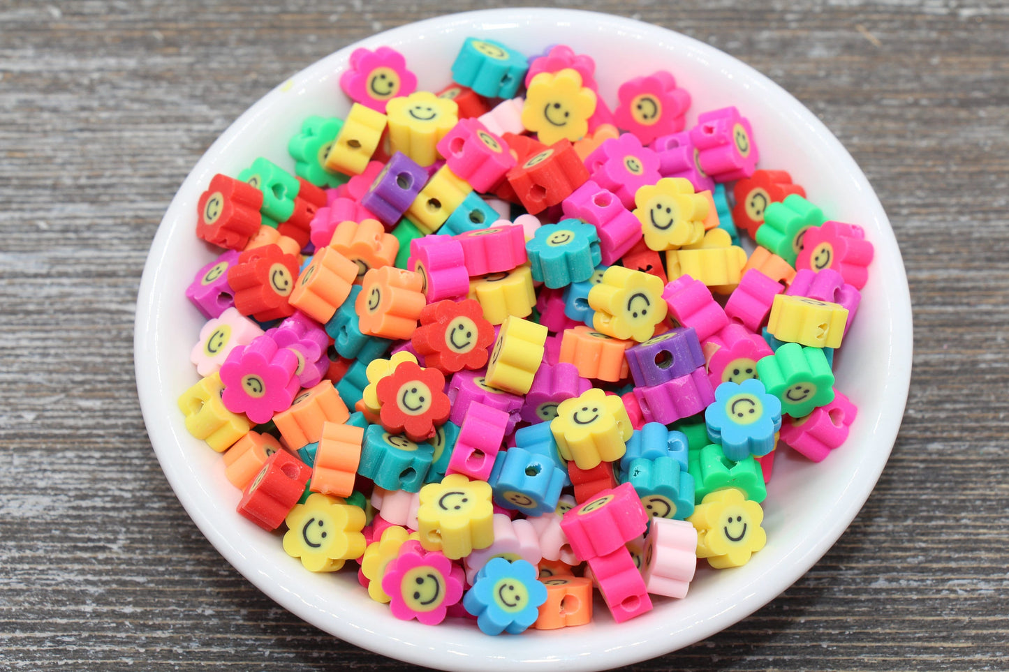 Smiley Face Polymer Clay Beads, Flower Shape Smiley Face Fimo Cane Beads, Assorted Happy Face Emoji Beads, Rainbow Happy Face Beads #20