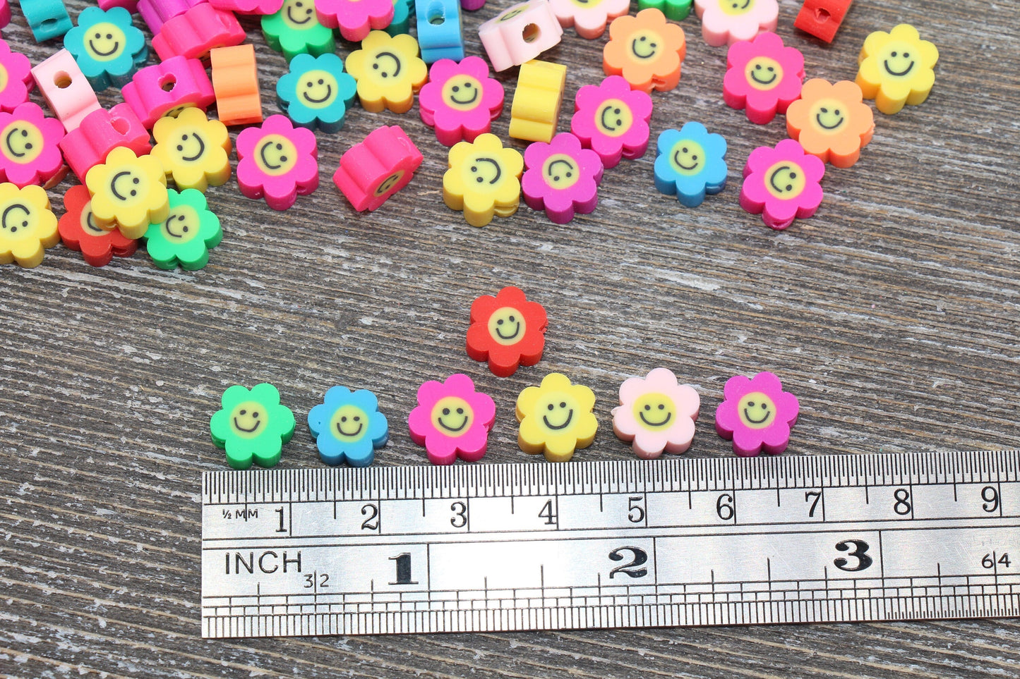 Smiley Face Polymer Clay Beads, Flower Shape Smiley Face Fimo Cane Beads, Assorted Happy Face Emoji Beads, Rainbow Happy Face Beads #20