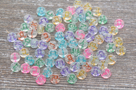 Multicolored Translucent Alphabet Letter Beads, Acrylic Clear Letters Beads with Glitter, Round Acrylic Beads, Name Beads 7mm #156