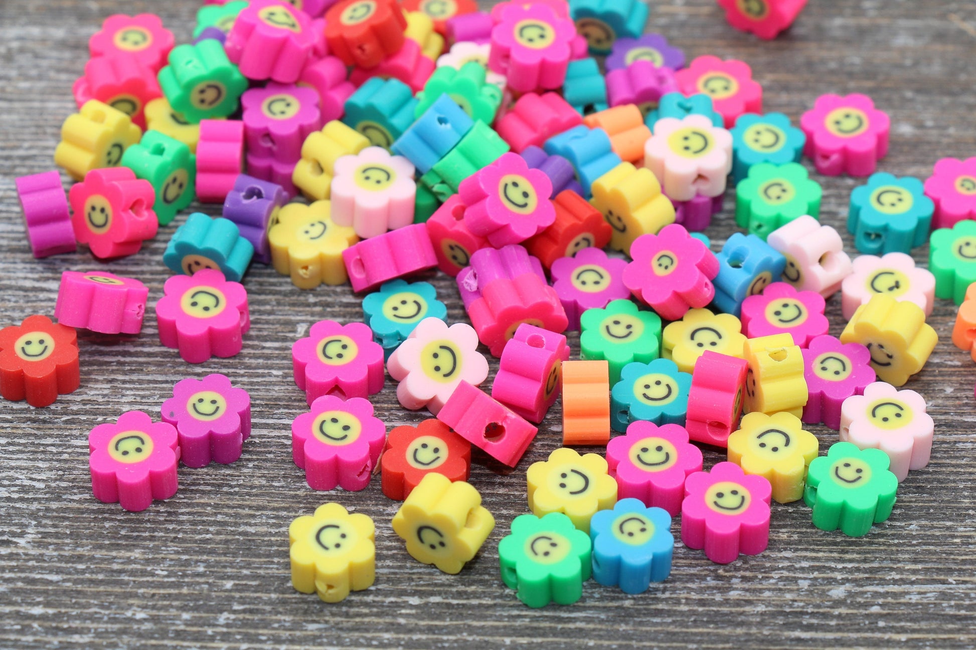 Smiley Face Polymer Clay Beads, Flower Shape Smiley Face Fimo Cane Beads, Assorted Happy Face Emoji Beads, Rainbow Happy Face Beads #20