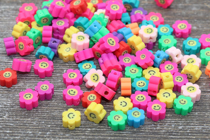 Smiley Face Polymer Clay Beads, Flower Shape Smiley Face Fimo Cane Beads, Assorted Happy Face Emoji Beads, Rainbow Happy Face Beads #20