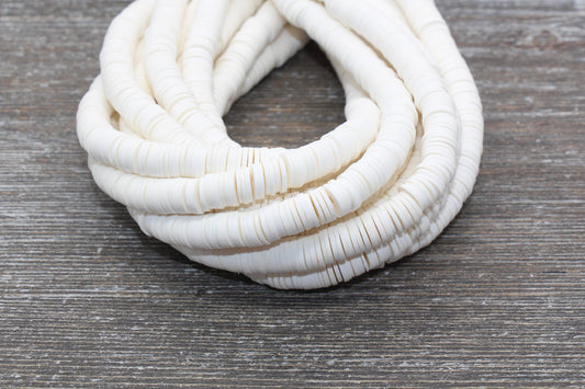 8mm White Heishi Beads, White Polymer Clay Disc Beads, African Disc Beads, Vinyl Heishi, 16 inch Strand #198