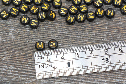 Letter M Beads, Black with Gold Letter M, Individual letter, Single Letter, Gold Letter M, Size 7mm