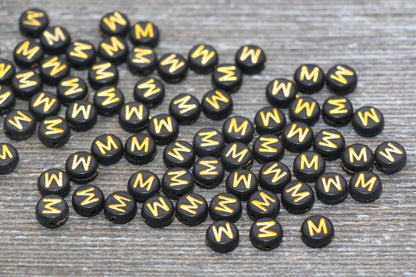 Letter M Beads, Black with Gold Letter M, Individual letter, Single Letter, Gold Letter M, Size 7mm