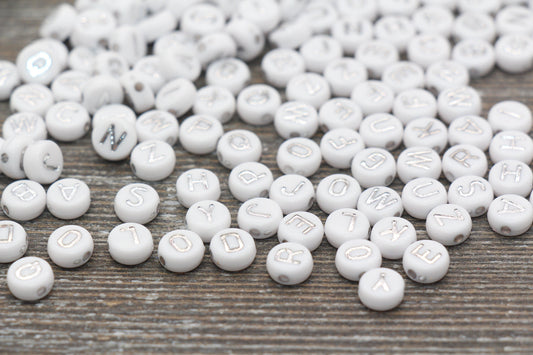 Alphabet Letter Beads, Acrylic White with Silver Letter Beads, Round Acrylic Beads, ABC Letter Beads, Name Beads, Size 7mm #363