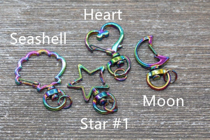 Rainbow Key Chain, Metal Keychain, Heart, Moon, Star, Shell, Swivel Clasp Key Chains