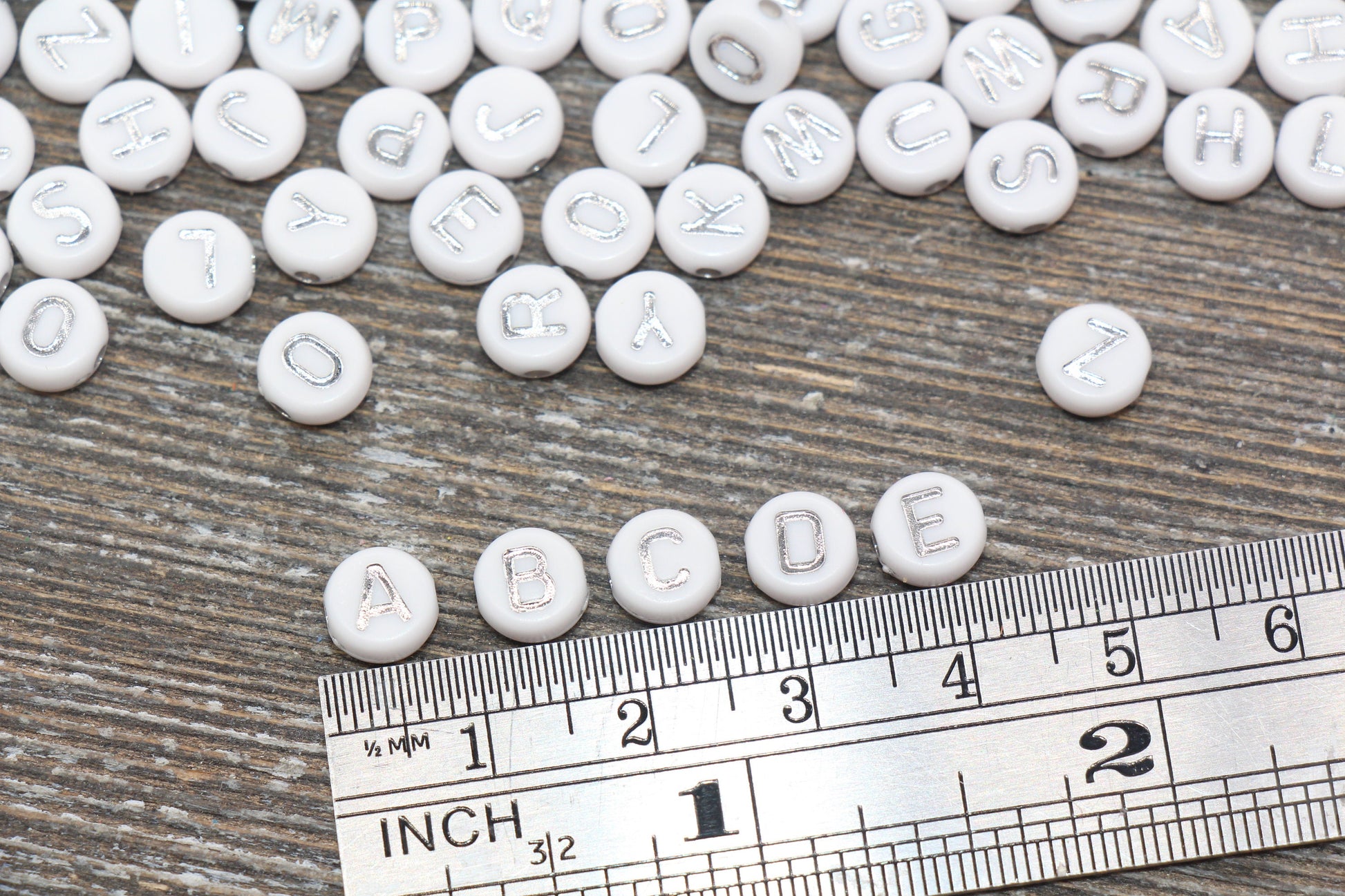 Alphabet Letter Beads, Acrylic White with Silver Letter Beads, Round Acrylic Beads, ABC Letter Beads, Name Beads, Size 7mm #363