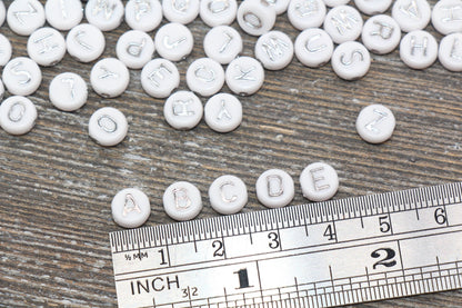 Alphabet Letter Beads, Acrylic White with Silver Letter Beads, Round Acrylic Beads, ABC Letter Beads, Name Beads, Size 7mm #363