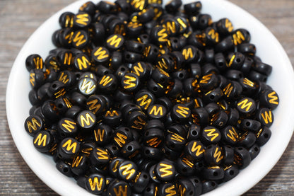Letter W Beads, Black with Gold Letter W, Individual letter, Single Letter, Gold Letter W, Size 7mm