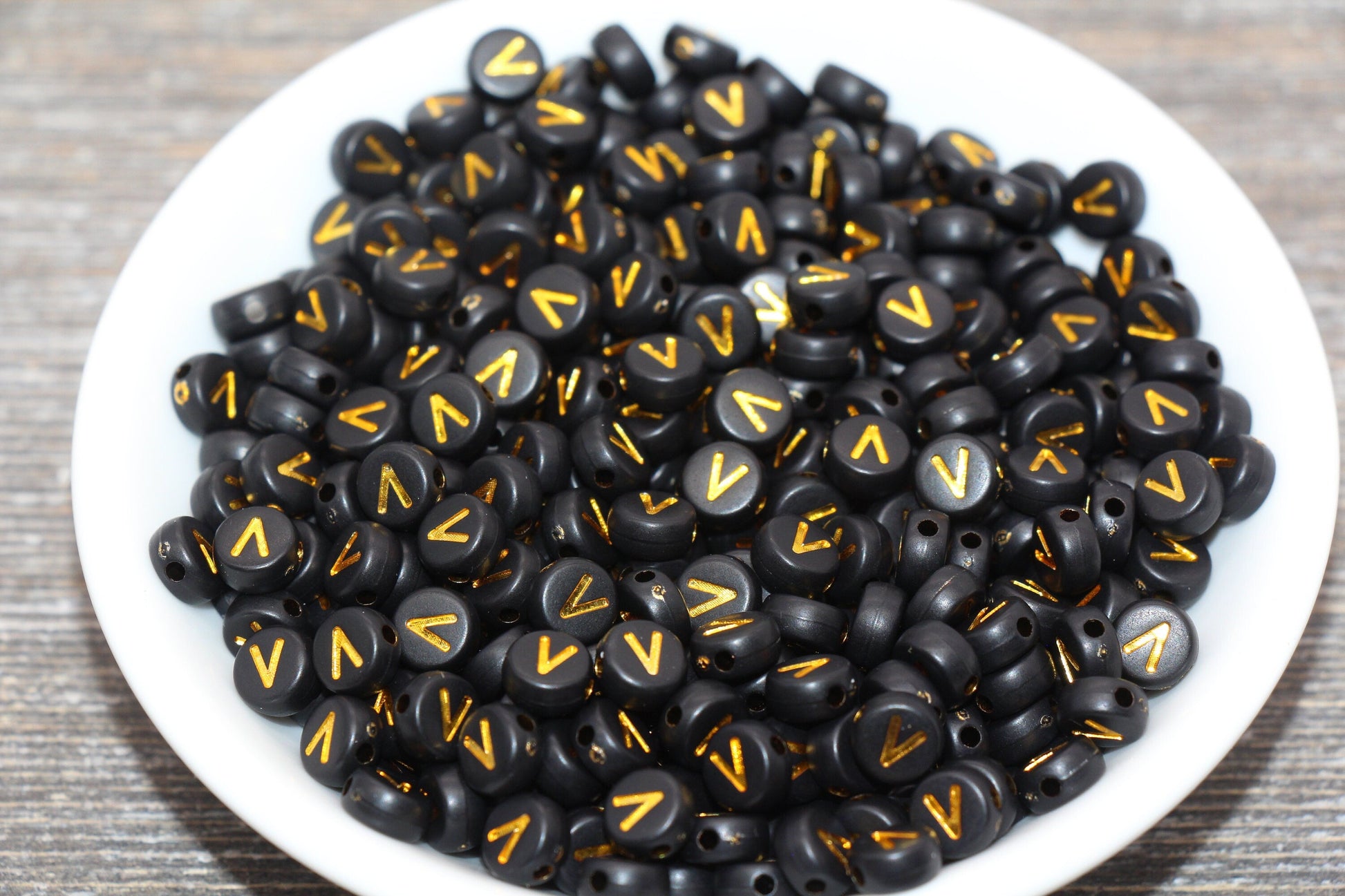 Letter V Beads, Black with Gold Letter V, Individual letter, Single Letter, Gold Letter V, Size 7mm