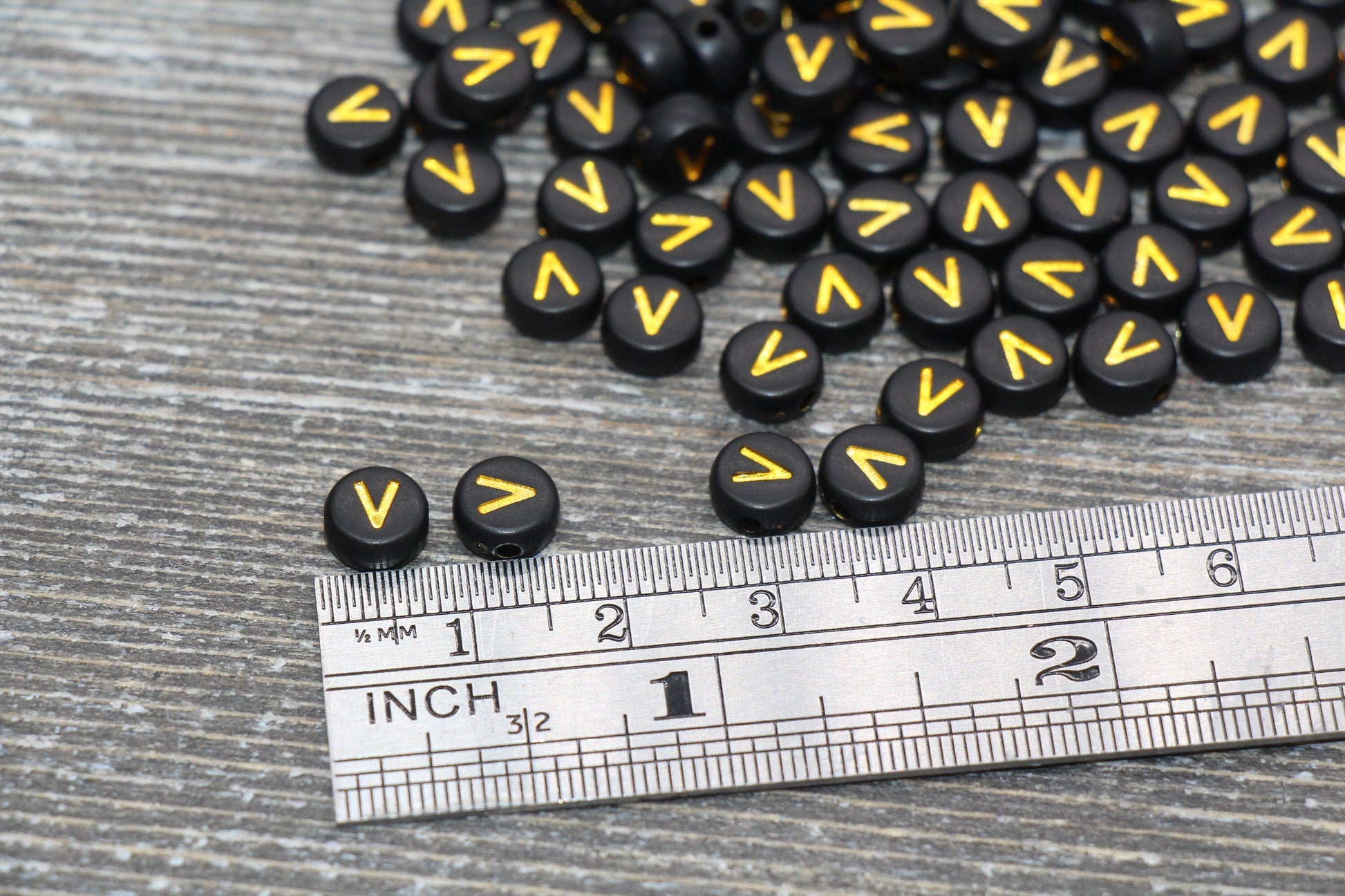 Letter V Beads, Black with Gold Letter V, Individual letter, Single Letter, Gold Letter V, Size 7mm
