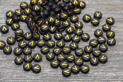 Letter V Beads, Black with Gold Letter V, Individual letter, Single Letter, Gold Letter V, Size 7mm