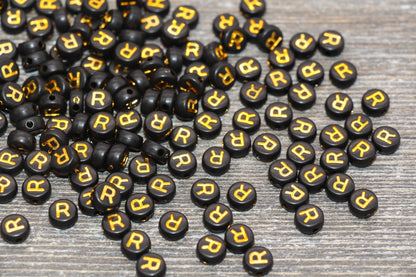 Letter R Beads, Black with Gold Letter R, Individual letter, Single Letter, Gold Letter R, Size 7mm