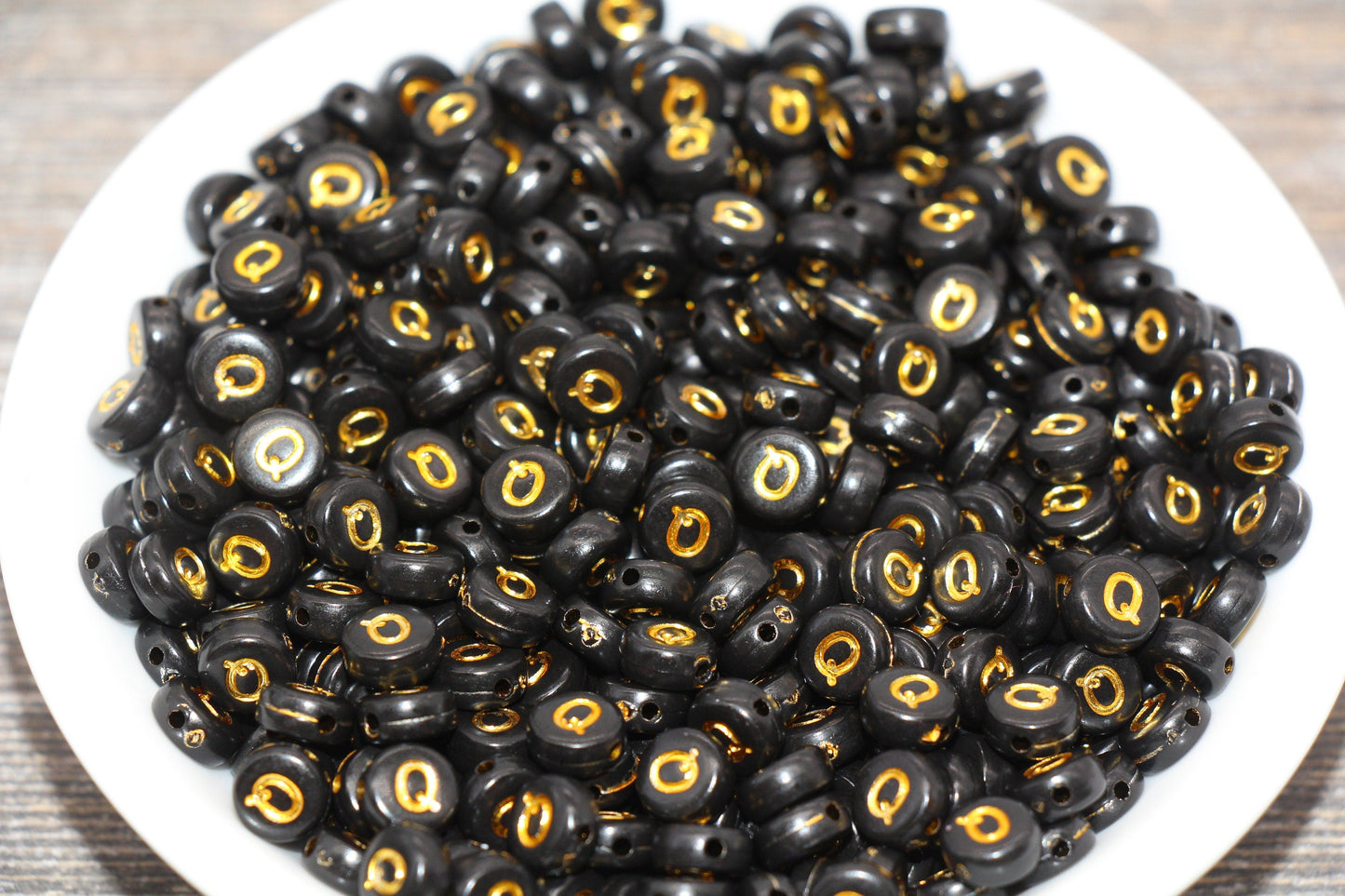 Letter Q Beads, Black with Gold Letter Q, Individual letter, Single Letter, Gold Letter Q, Size 7mm
