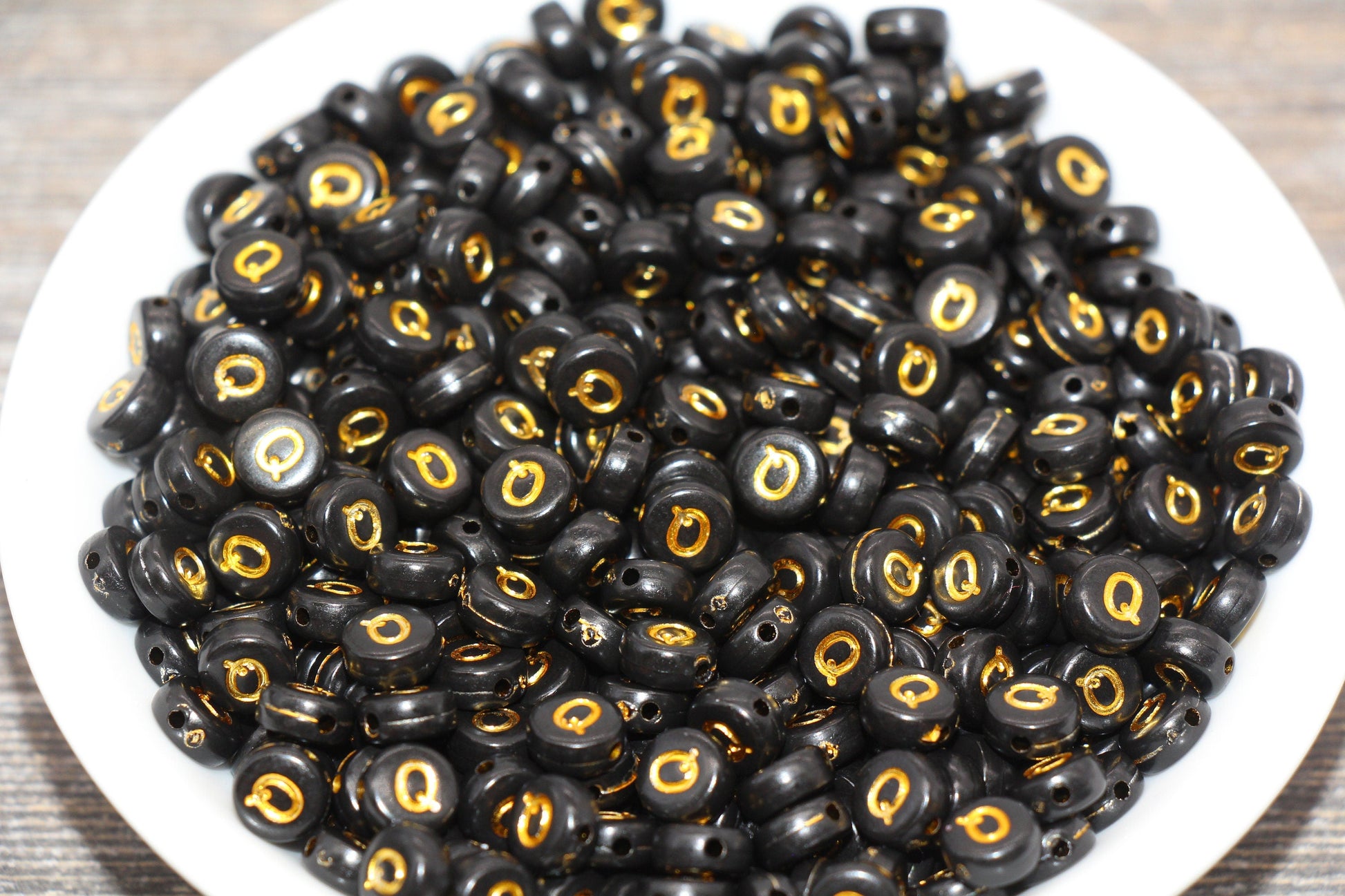 Letter Q Beads, Black with Gold Letter Q, Individual letter, Single Letter, Gold Letter Q, Size 7mm