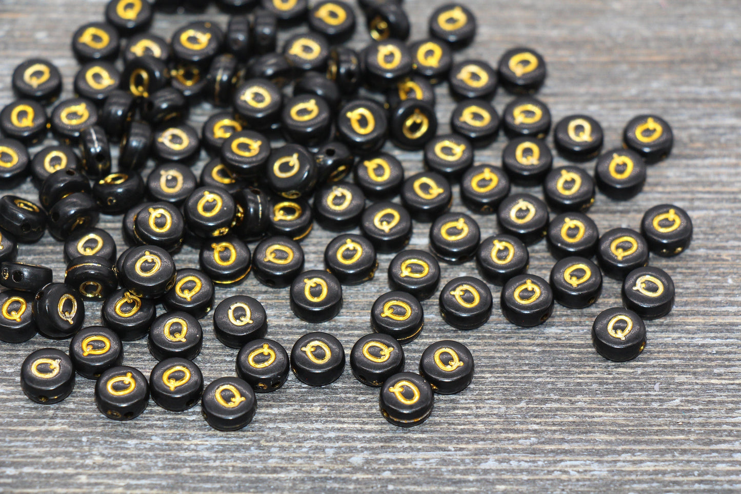 Letter Q Beads, Black with Gold Letter Q, Individual letter, Single Letter, Gold Letter Q, Size 7mm