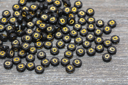 Letter Q Beads, Black with Gold Letter Q, Individual letter, Single Letter, Gold Letter Q, Size 7mm