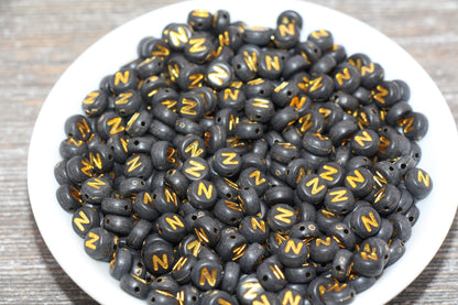 Letter N Beads, Black with Gold Letter N, Individual letter, Single Letter, Gold Letter N, Size 7mm