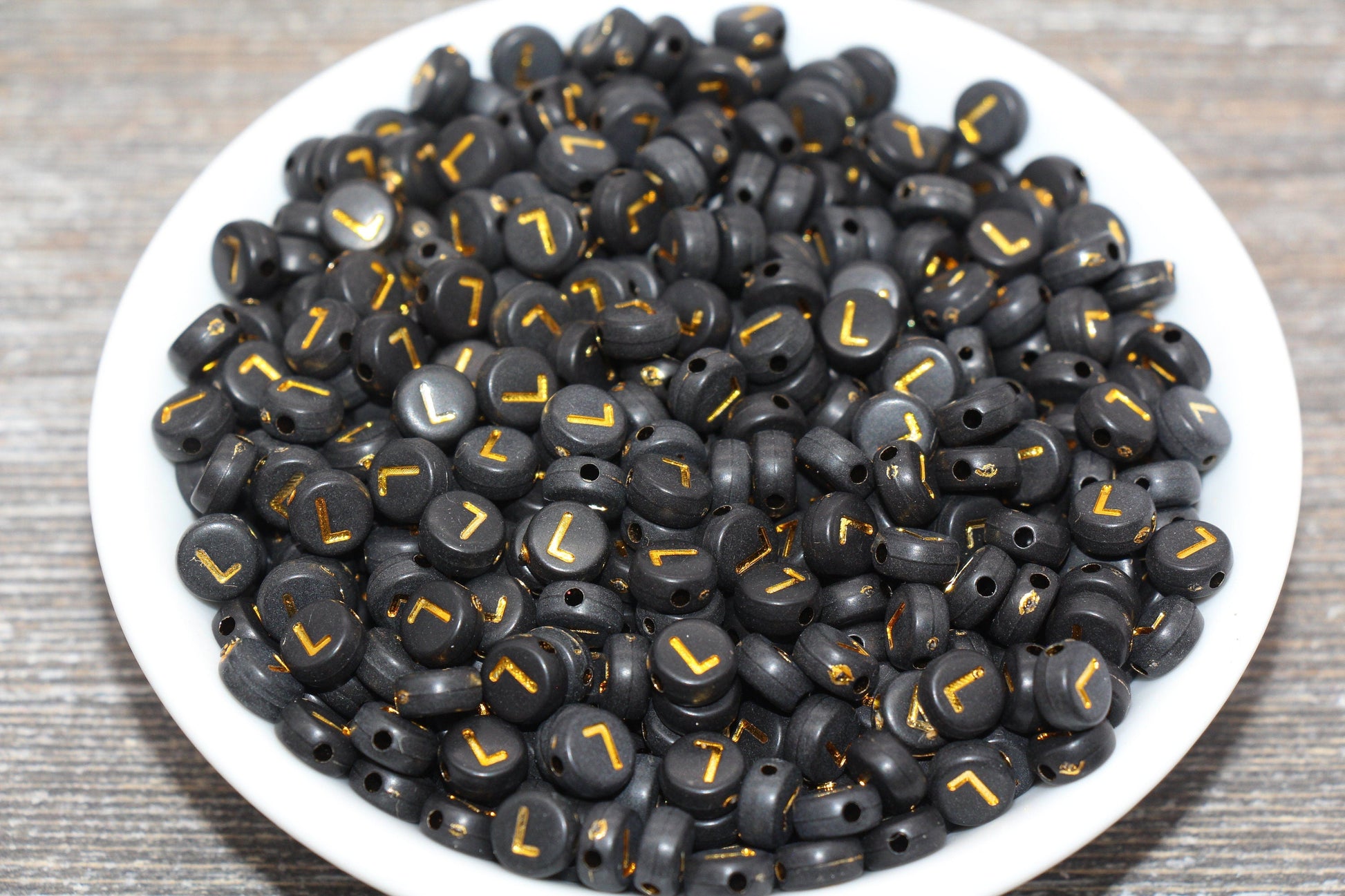 Letter L Beads, Black with Gold Letter L, Individual letter, Single Letter, Gold Letter L, Size 7mm