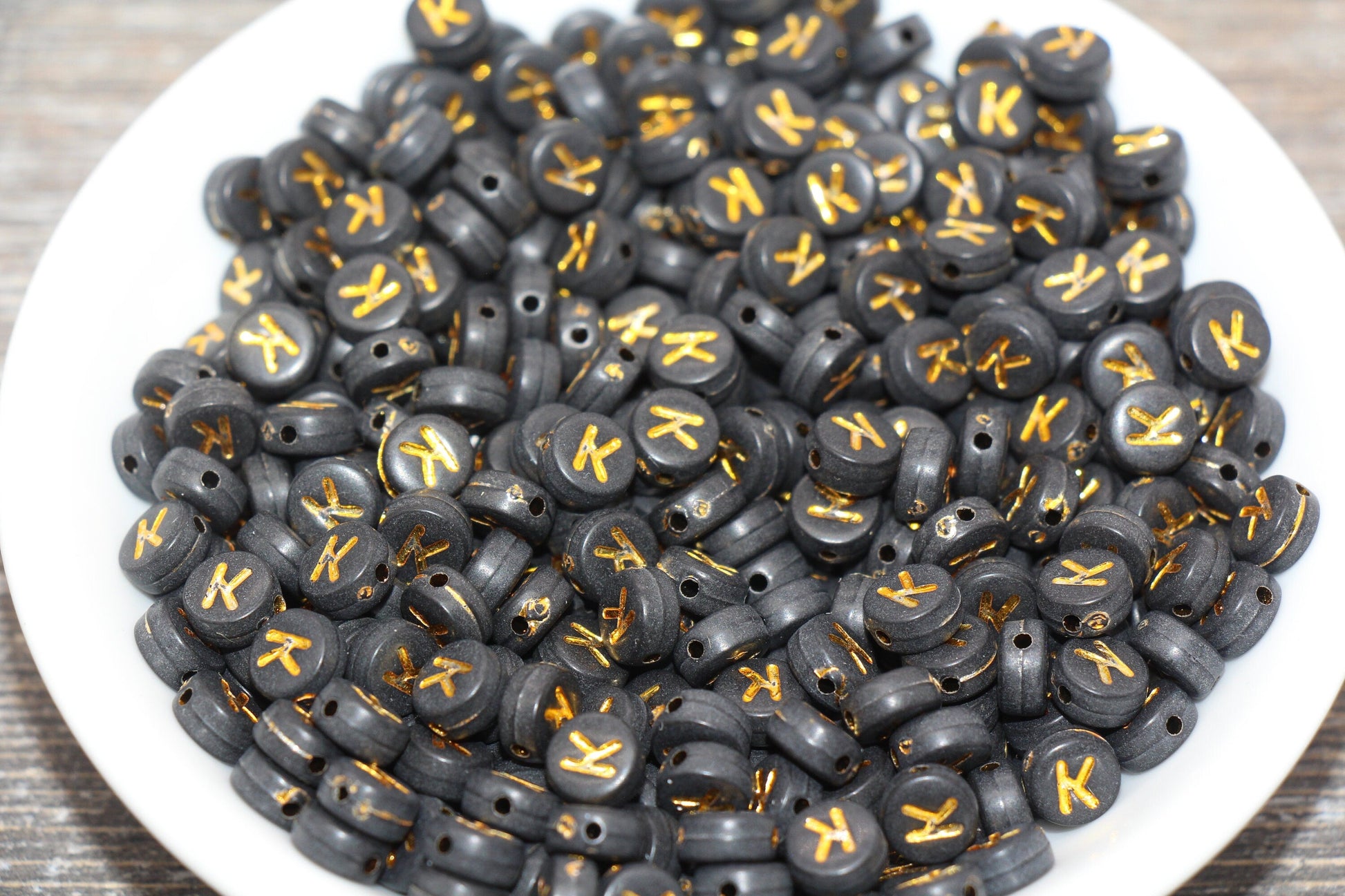 Letter K Beads, Black with Gold Letter K, Individual letter, Single Letter, Gold Letter K, Size 7mm