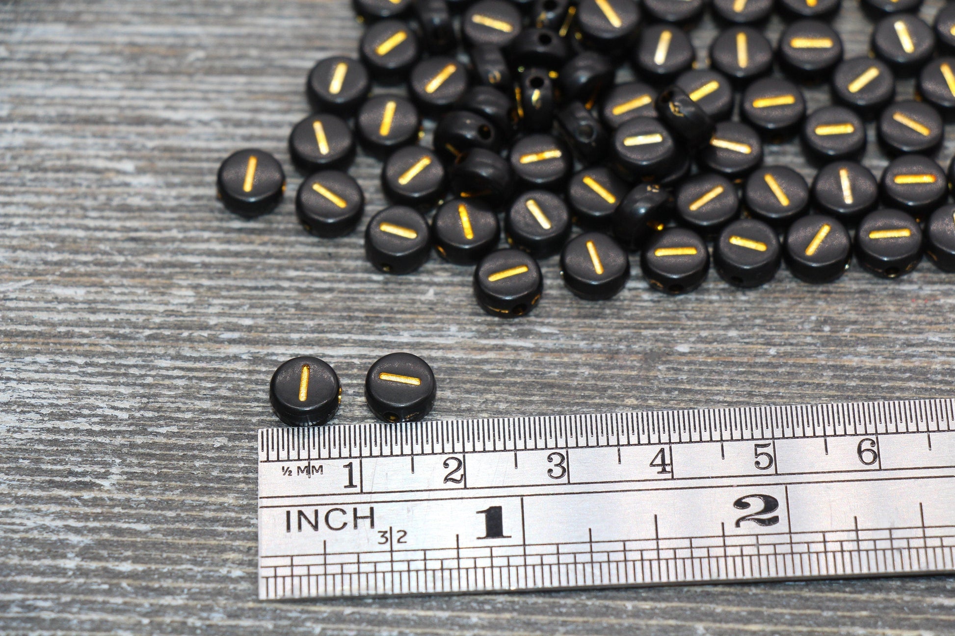 Letter I Beads, Black with Gold Letter I, Individual letter, Single Letter, Gold Letter I, Size 7mm