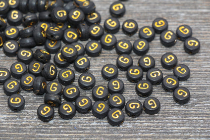 Letter G Beads, Black with Gold Letter G, Individual letter, Single Letter, Gold Letter G, Size 7mm
