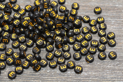 Letter E Beads, Black with Gold Letter E, Individual letter, Single Letter, Gold Letter E, Size 7mm