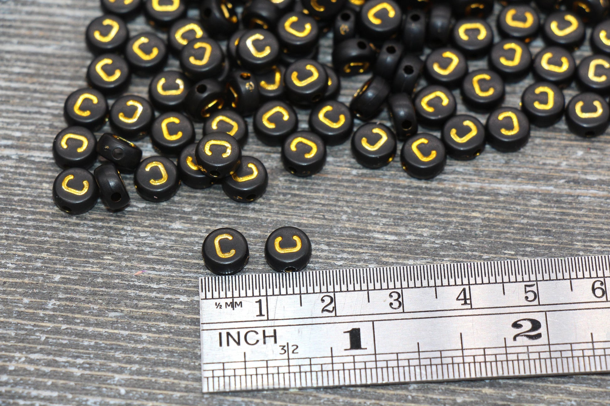 Letter C Beads, Black with Gold Letter C, Individual letter, Single Letter, Gold Letter C, Size 7mm
