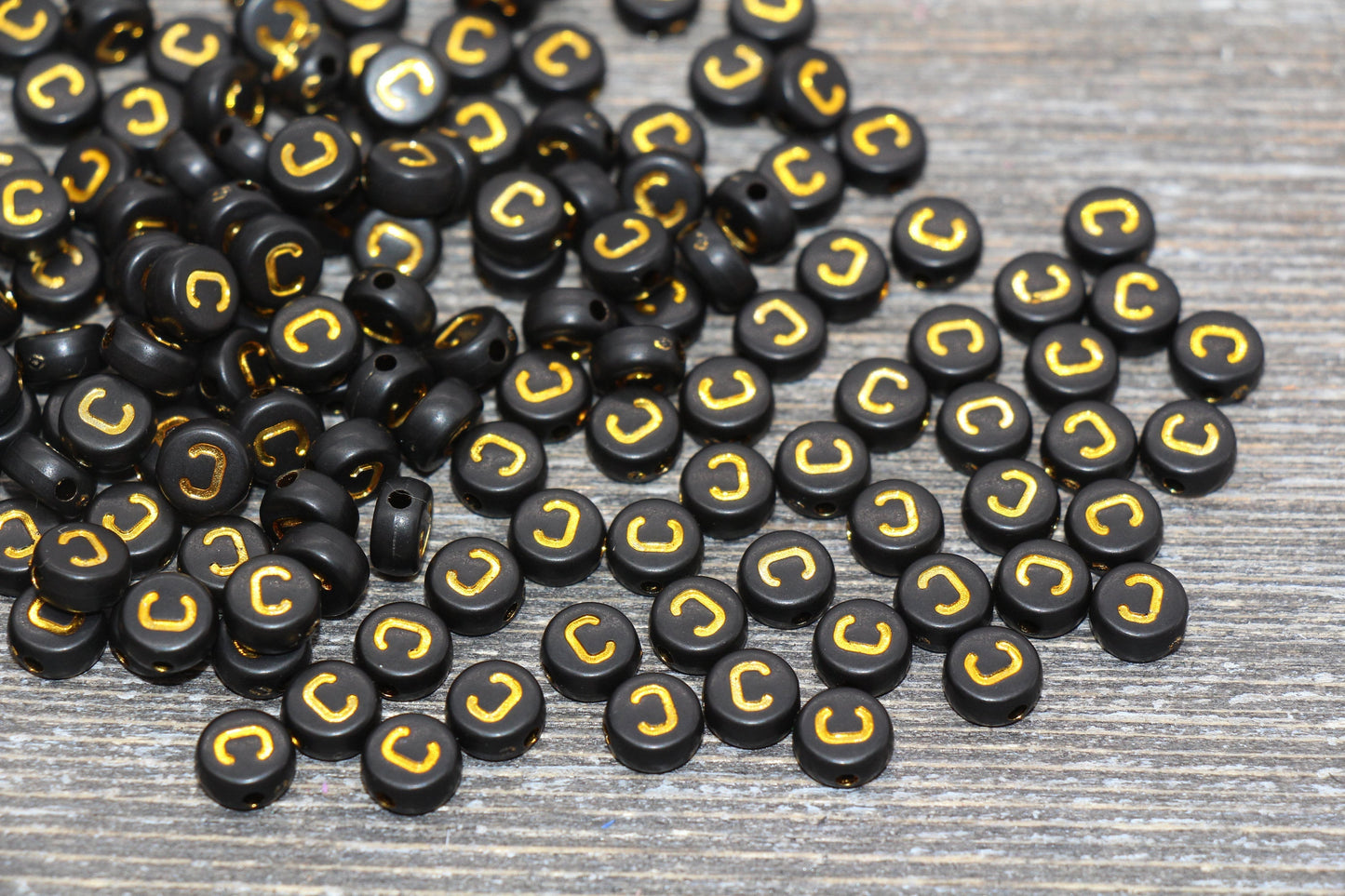 Letter C Beads, Black with Gold Letter C, Individual letter, Single Letter, Gold Letter C, Size 7mm