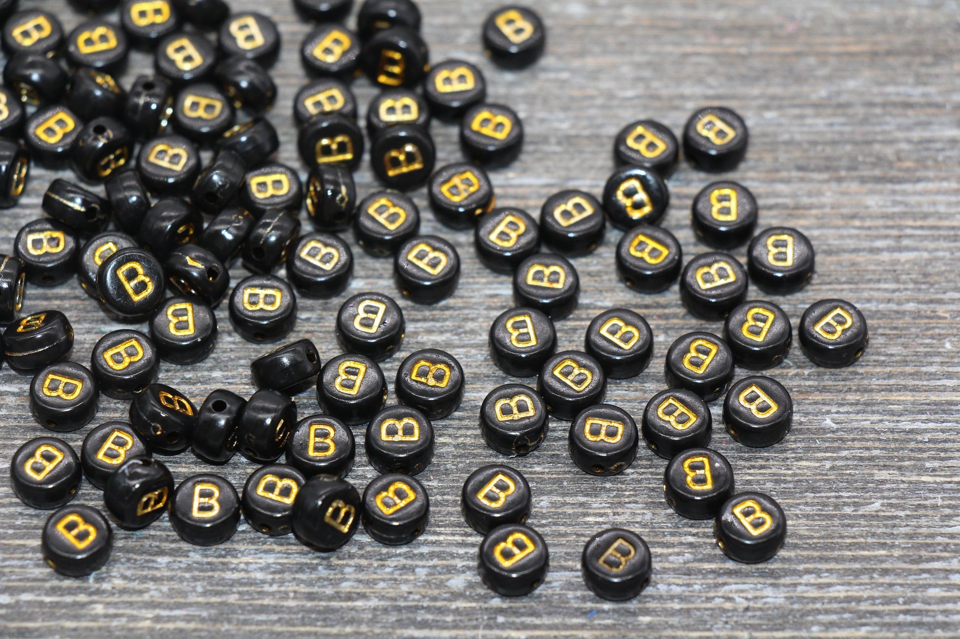 Letter B Beads, Black with Gold Letter B, Individual letter, Single Letter, Gold Letter B, Size 7mm