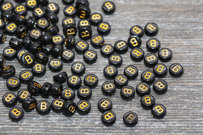 Letter B Beads, Black with Gold Letter B, Individual letter, Single Letter, Gold Letter B, Size 7mm