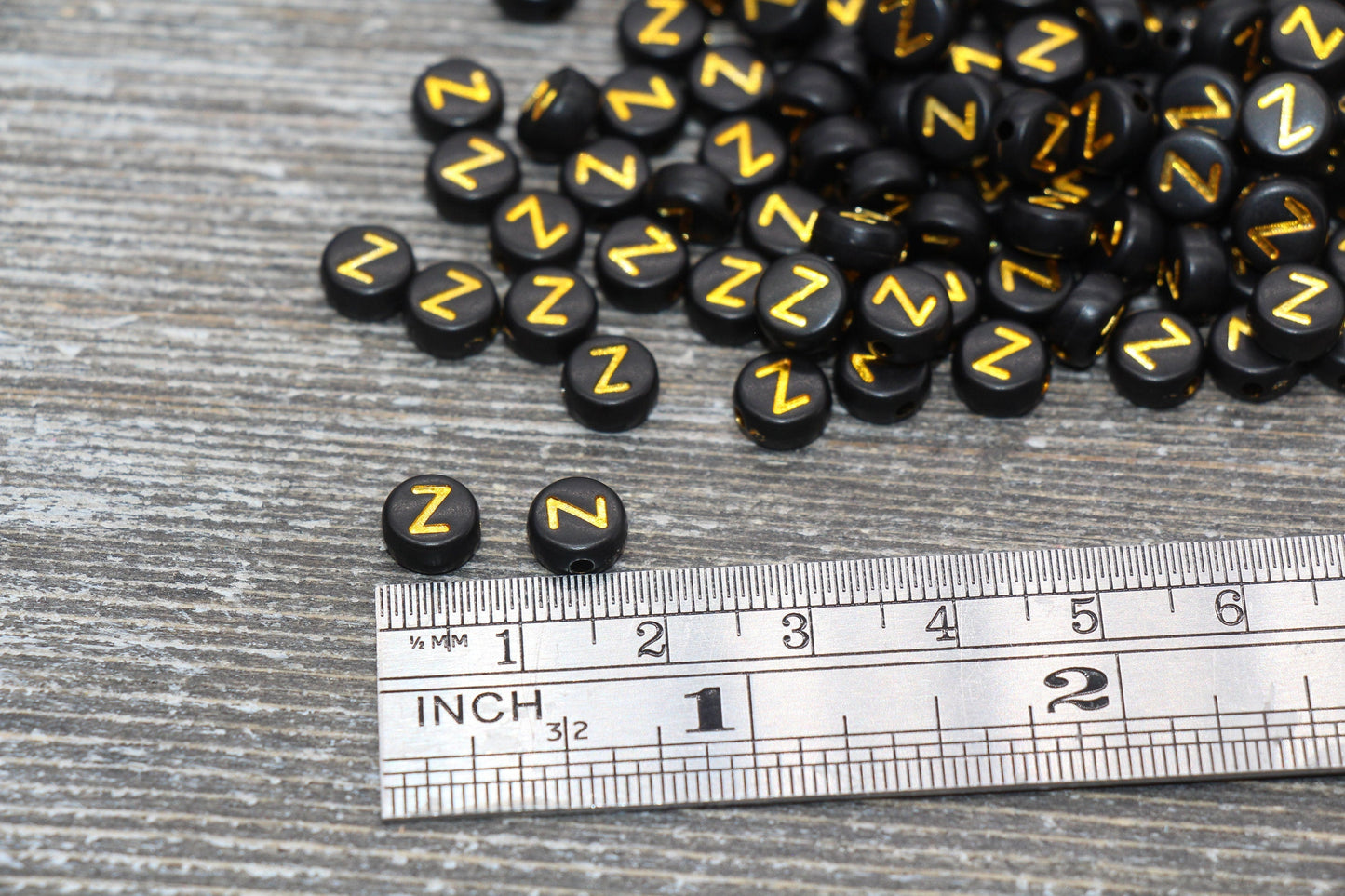 Letter Z Beads, Black with Gold Letter Z, Individual letter, Single Letter, Gold Letter Z, Size 7mm