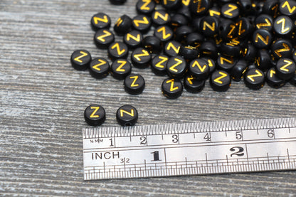 Letter Z Beads, Black with Gold Letter Z, Individual letter, Single Letter, Gold Letter Z, Size 7mm