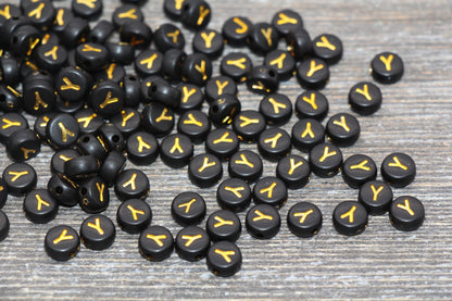 Letter Y Beads, Black with Gold Letter Y, Individual letter, Single Letter, Gold Letter Y, Size 7mm