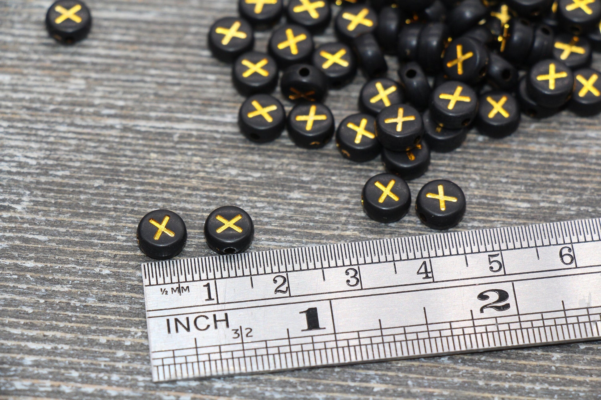 Letter X Beads, Black with Gold Letter X, Individual letter, Single Letter, Gold Letter X, Size 7mm