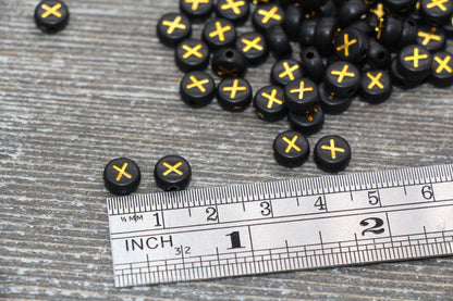 Letter X Beads, Black with Gold Letter X, Individual letter, Single Letter, Gold Letter X, Size 7mm