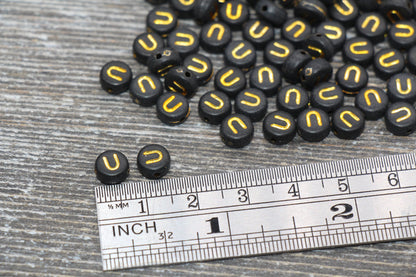 Letter U Beads, Black with Gold Letter U, Individual letter, Single Letter, Gold Letter U, Size 7mm
