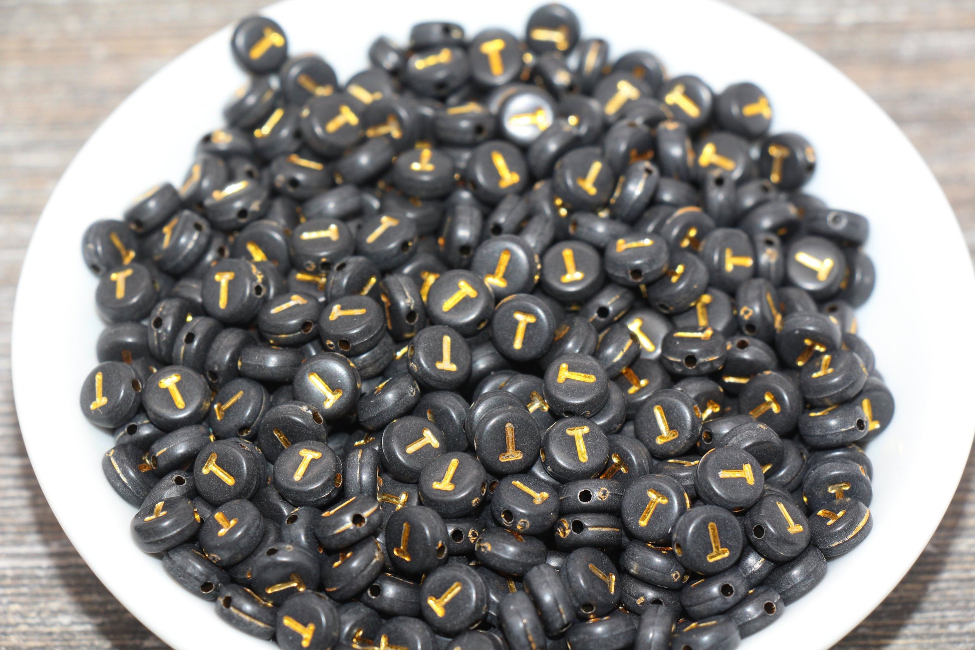 Letter T Beads, Black with Gold Letter T, Individual letter, Single Letter, Gold Letter T, Size 7mm