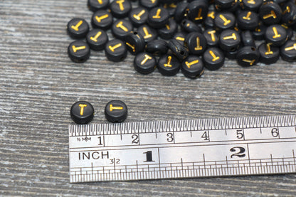 Letter T Beads, Black with Gold Letter T, Individual letter, Single Letter, Gold Letter T, Size 7mm