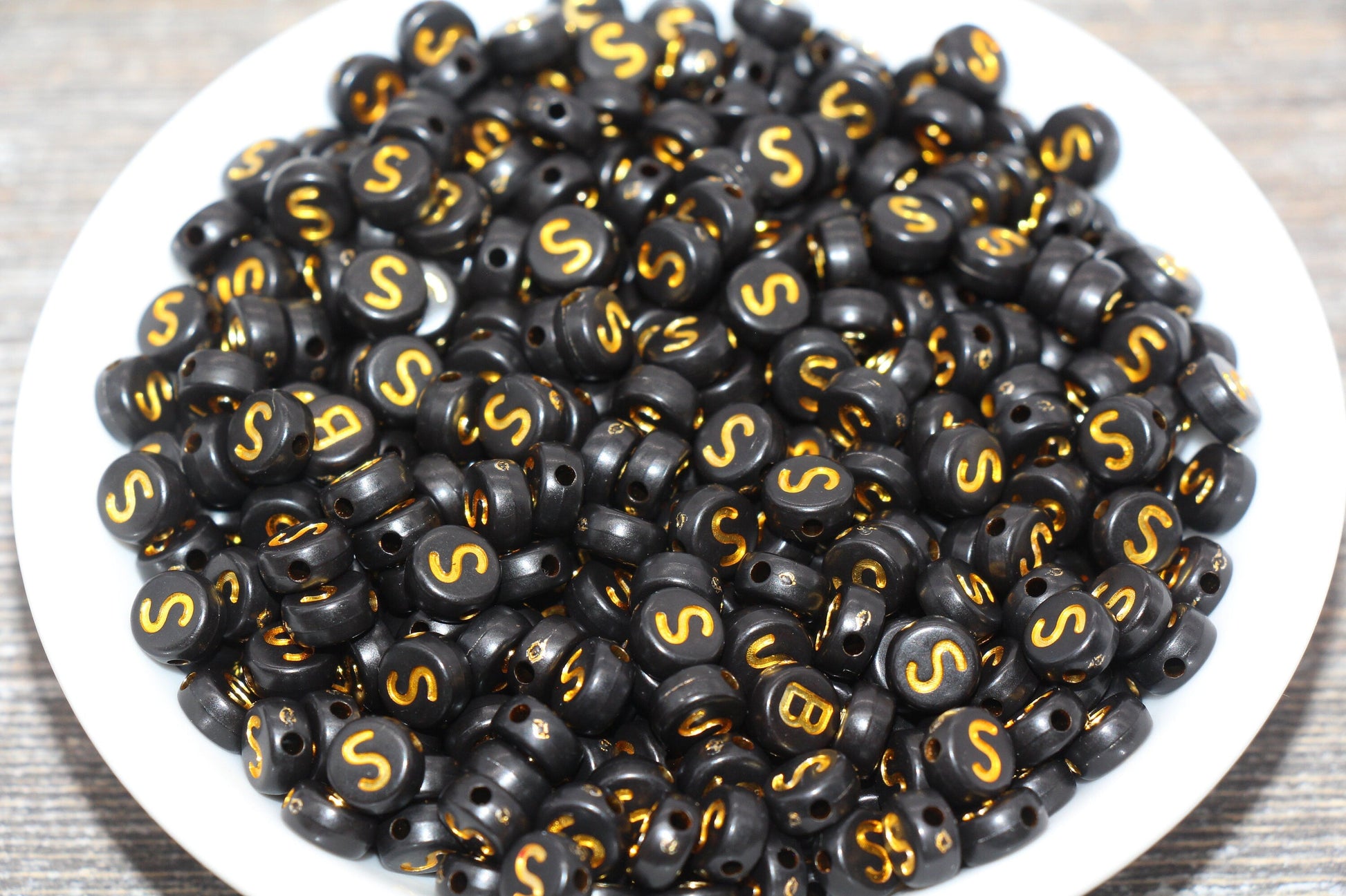 Letter S Beads, Black with Gold Letter S, Individual letter, Single Letter, Gold Letter S, Size 7mm