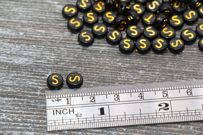 Letter S Beads, Black with Gold Letter S, Individual letter, Single Letter, Gold Letter S, Size 7mm