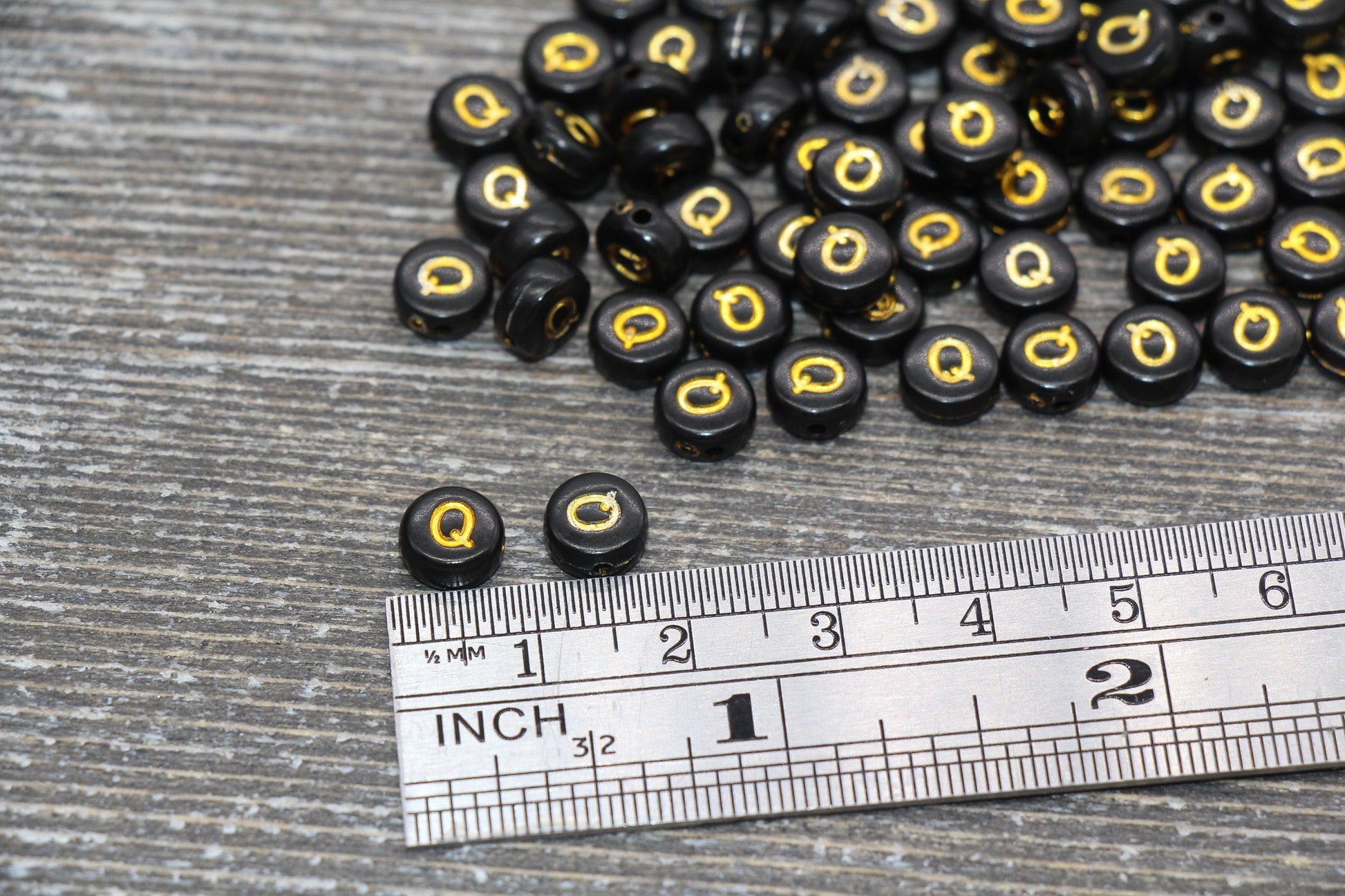 Letter Q Beads, Black with Gold Letter Q, Individual letter, Single Letter, Gold Letter Q, Size 7mm