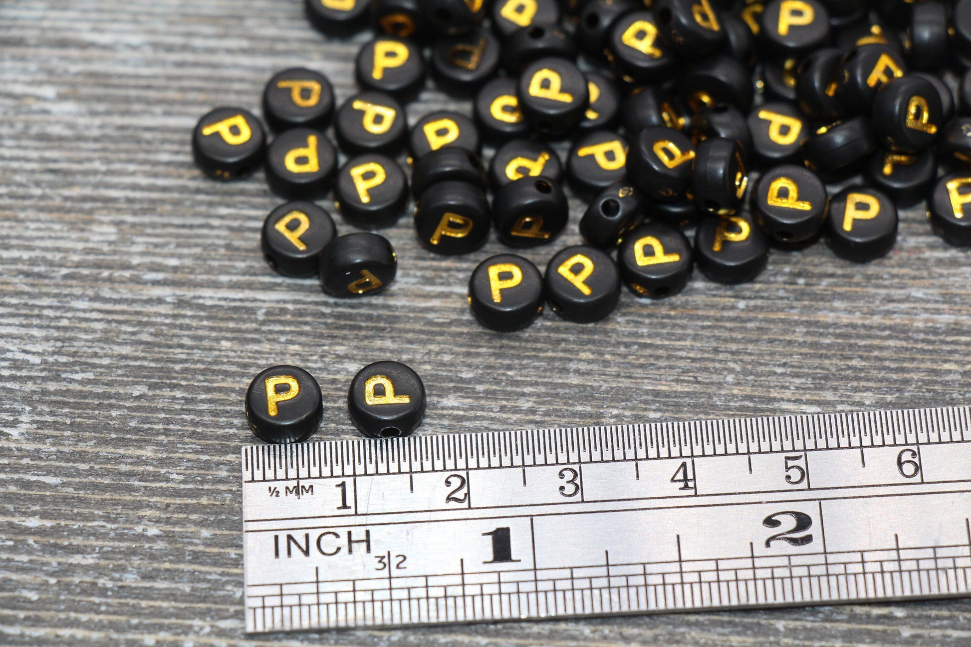 Letter P Beads, Black with Gold Letter P, Individual letter, Single Letter, Gold Letter P, Size 7mm