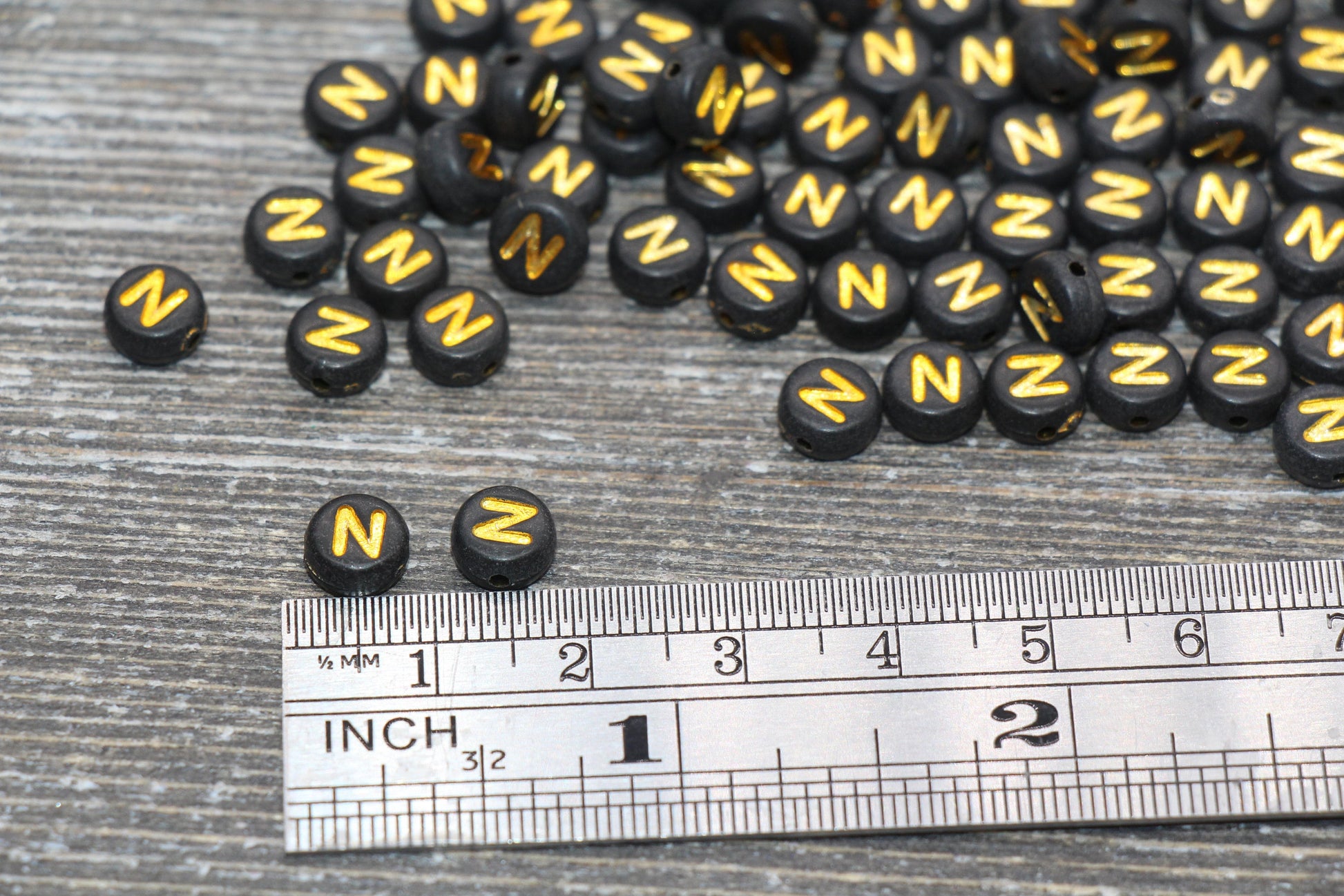 Letter N Beads, Black with Gold Letter N, Individual letter, Single Letter, Gold Letter N, Size 7mm