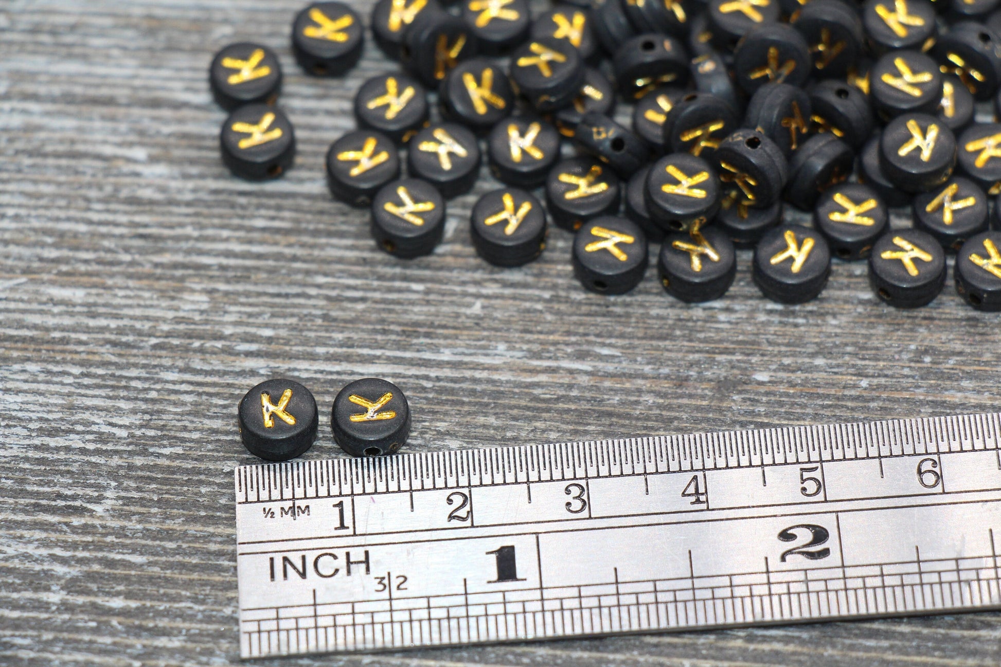 Letter K Beads, Black with Gold Letter K, Individual letter, Single Letter, Gold Letter K, Size 7mm