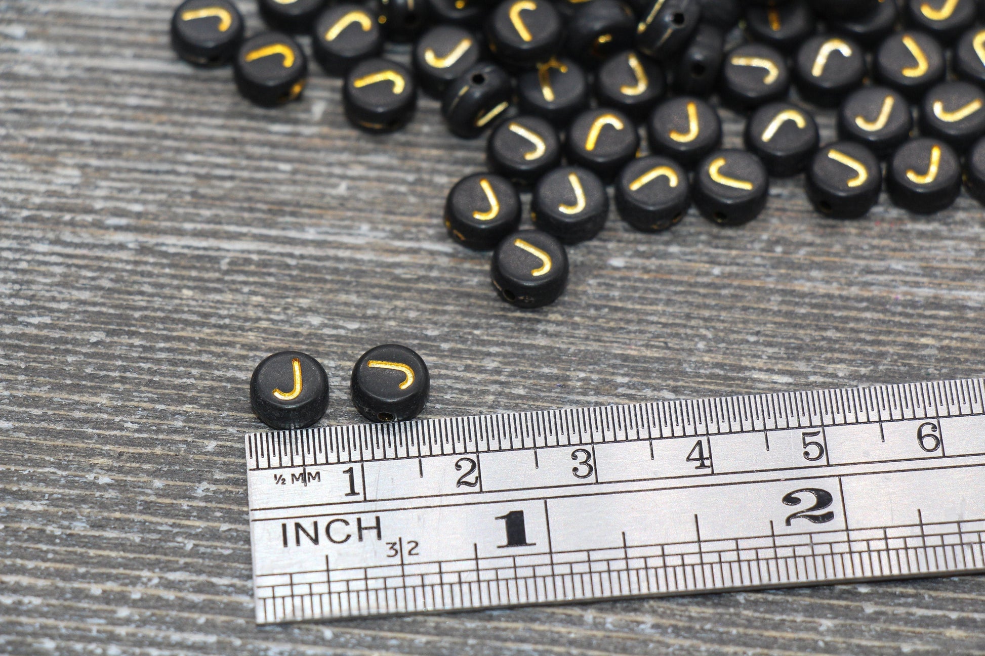 Letter J Beads, Black with Gold Letter J, Individual letter, Single Letter, Gold Letter J, Size 7mm