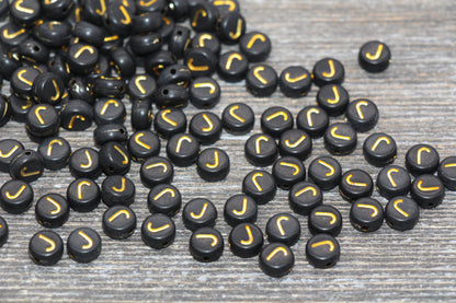 Letter J Beads, Black with Gold Letter J, Individual letter, Single Letter, Gold Letter J, Size 7mm