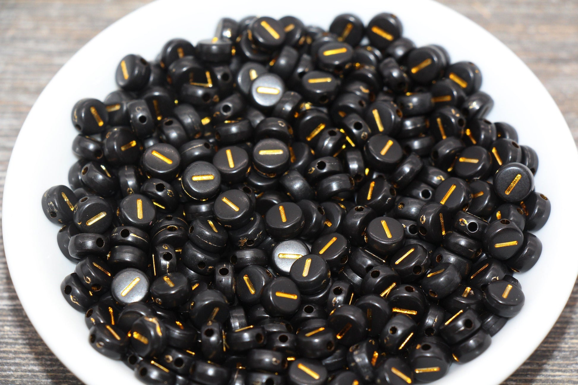 Letter I Beads, Black with Gold Letter I, Individual letter, Single Letter, Gold Letter I, Size 7mm